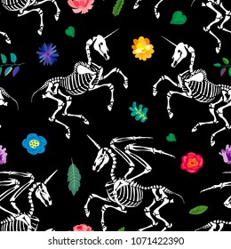Seamless pattern. The unicorn and pegasus in the flower garden. Great for printing on T-shirts, for tattoos and more. Ideal for decoration of Halloween and the Day of the dead.