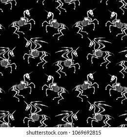 Seamless pattern. The unicorn and pegasus are isolated on a black background. Great for printing on T-shirts, for tattoos and more. Ideal for decoration of Halloween and the Day of the dead.