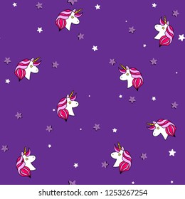 Seamless pattern with unicorn, Pegasus, pony head and stars.Cute, lovely magic background.Fantasy wallpaper. Vector illustration.Vector comic print in pop retro artstyle. Abstract background for girls