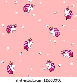 Seamless pattern with unicorn, Pegasus, pony head and stars.Cute, lovely magic background.Fantasy wallpaper. Vector illustration.Vector comic print in pop retro artstyle. Abstract background for girls