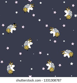 Seamless pattern with unicorn, Pegasus, pony head and stars.Cute, lovely magic background.Fantasy wallpaper. Vector illustration.Vector comic print in pop retro artstyle. Abstract background for girls