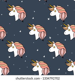 Seamless pattern with unicorn, Pegasus, pony head and stars.Cute, lovely magic background.Fantasy wallpaper. Vector illustration.Vector comic print in pop retro artstyle. Abstract background for girls