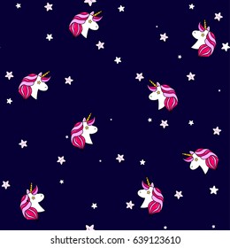 Seamless pattern with unicorn, Pegasus, pony head and stars.Cute, lovely magic background.Fantasy wallpaper. Vector illustration.Vector comic print in pop retro artstyle. Abstract background for girls