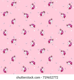 Seamless pattern with unicorn, Pegasus, pony head and stars.Cute, lovely magic background.Fantasy wallpaper. Vector illustration.Vector comic print in pop retro artstyle. Abstract background for girls