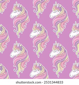 Seamless pattern with unicorn portraits with rainbow mane on pink background in pastel colors. For children's fabric design, wallpaper backgrounds, prints, posters, wrapping paper etc. Vector