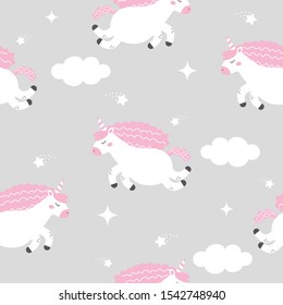 Seamless pattern with unicorn. Print for baby. Decorative cute background.