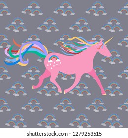 Seamless pattern with unicorn and rainbow