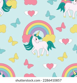 Seamless pattern with unicorn and rainbow.