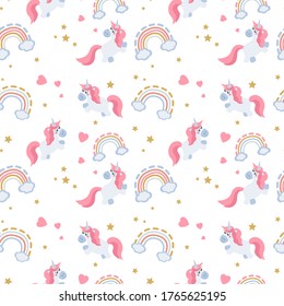 Seamless pattern, unicorn and rainbow. Love and LGBT theme. Hand drawn illustration great for wallpaper, textile and texture design. Kids design, fabric, wrapping, apparel.