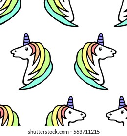 Seamless pattern unicorn with rainbow mane.