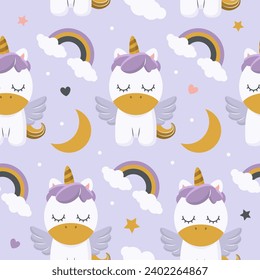 Seamless pattern with unicorn, rainbow, moon. Vector tile