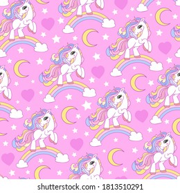 Seamless pattern with unicorn and rainbow on a pink background. Vector