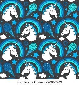 Seamless pattern with unicorn and rainbow on dark background. Vector cartoon style cute character