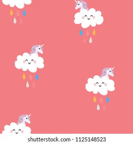 Seamless pattern with unicorn and rainbow rain. Clouds and colored drops. Candy.