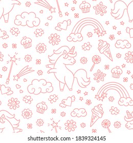 Seamless pattern with unicorn, rainbow, shooting star and magic wand in doodle style. Hand drawn vector illustration on white background