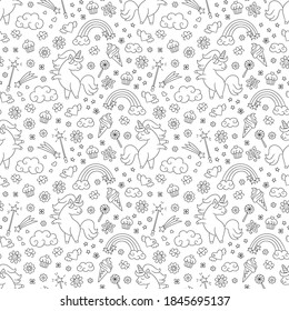 Seamless pattern with unicorn, rainbow, shooting star and magic wand in doodle style. Hand drawn vector illustration on white background. Black and white