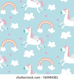 Seamless pattern. Unicorn and rainbow in the sky with clouds on blue background.