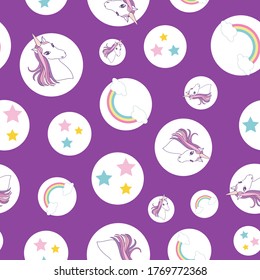 seamless pattern Unicorn, rainbow and stars on circles, purple background