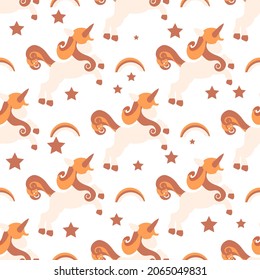Seamless pattern with Unicorn rainbow and stars. Cute little unicorn seamless pattern on rainbow background with star in pastel theme.