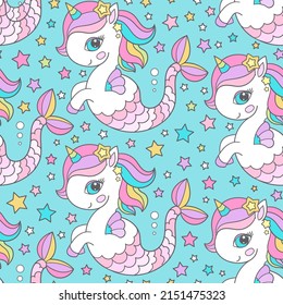 Seamless pattern. Unicorn seahorse on a blue background. For kids design, wallpapers, backgrounds, fabric, wrapping paper and so on. Vector