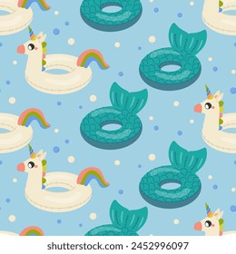 Seamless pattern, unicorn shaped swim lap and mermaid tail children's inflatable 