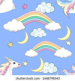 Seamless pattern with unicorn silhouette. Cute magic background. Fantasy wallpaper