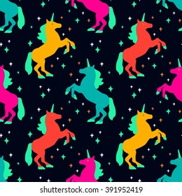 Seamless pattern with unicorn silhouette. Vector illustration. Cute magic background.  Fantasy wallpaper