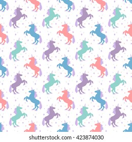 Seamless pattern with unicorn silhouette. Vector illustration. Cute magic background. Fantasy wallpaper