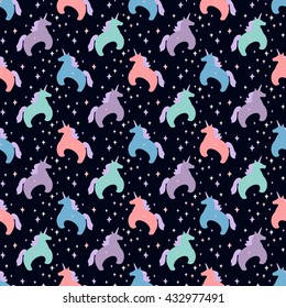 Seamless pattern with unicorn silhouette. Vector illustration. Cute magic background. Fantasy wallpaper