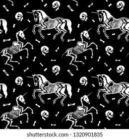 Seamless pattern. Unicorn skeleton among skulls and bones. Great for printing on T-shirts, for tattoos and more. Illustration for Halloween.