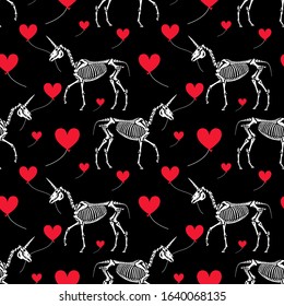 Seamless pattern. Unicorn skeleton with a heart shaped balloon. Gothic princess style illustration. Greeting card for Valentine's Day. Also great for Halloween.