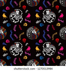 Seamless pattern. Unicorn skeletons having fun at the party. Great for greeting cards, halloween party invitations, t-shirt printing and more. Halloween illustration. Happy Halloween!