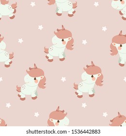 The seamless pattern of unicorn and star on the pink background in flat vector style. Illustration about background, graphic , banner and greeting card.
