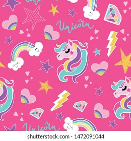 Seamless pattern with unicorn, star, rainbow, hearts, lightning, brilliant. Vector background for kids, textile, fabric, web, wrapping paper and other design.