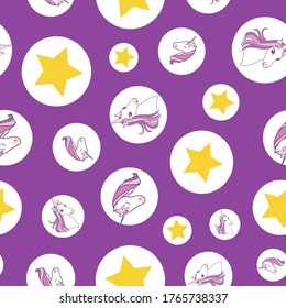 Seamless pattern unicorn and stars in circles on purple background