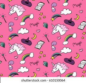 Seamless pattern with unicorn, stars, moon, rainbows, crystal, books on pink background. Magic collection. Vector illustration.