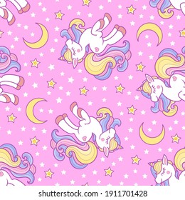 Seamless pattern with unicorn and stars on a dark background. For the design of backgrounds, wallpapers, fabrics, wrapping paper, scrapbooking. Vector