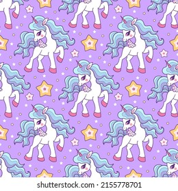 seamless pattern with unicorn and stars on a lilac background. For kids design wallpaper, fabric, backgrounds, wrapping paper and so on. Vector