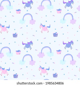Seamless pattern of unicorn, stars and rainbow. Vector illustration