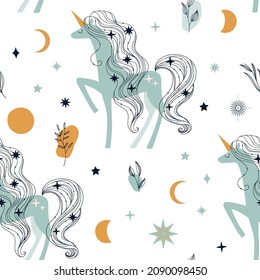 Seamless pattern with unicorn and stars. Vector illustration in boho style