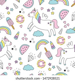 Seamless pattern with unicorn, sweets, ice cream and fruit. Vector illustration with a fabulous character for printing on fabric, wrapping paper, Wallpaper, dishes, clothes. Cute baby background 