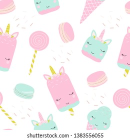 Seamless pattern with unicorn and sweets. Vector illustration for printing on postcards, clothes, posters, banners, labels, stickers, fabric, packaging paper. Cute baby background.