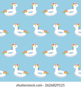 Nahtloses Muster mit Einhorn-Schwimmring auf blauem Hintergrund.