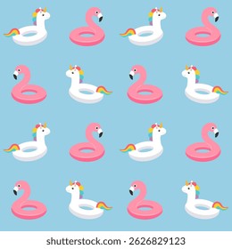 Seamless pattern with unicorn swimming ring and pink flamingo on blue background. Vector illustration.