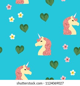 Seamless pattern with a unicorn, tropical flowers and leaves on a blue background. Unicorn with brilliance.