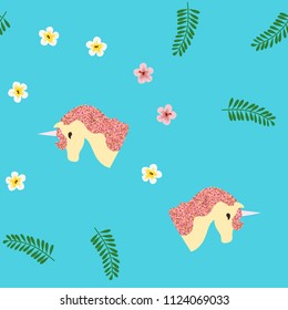 Seamless pattern with a unicorn, tropical flowers and leaves on a blue background. Unicorn with brilliance.