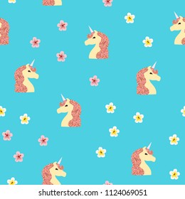 Seamless pattern with unicorn and tropical flowers on a blue background. Unicorn with brilliance.