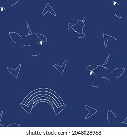 Seamless pattern with unicorn.Hand drawn.Background dark blue.Vector illustration.