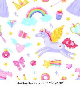 Seamless pattern with unicorn,hearts,dress,candy, clouds, rainbow and others elements on white background.