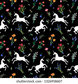 Seamless pattern. Unicorns among flowers and herbs. Large set of beautiful wildflowers. Night bloom. Great for fabric, wrapping paper, for Halloween greeting cards and more.